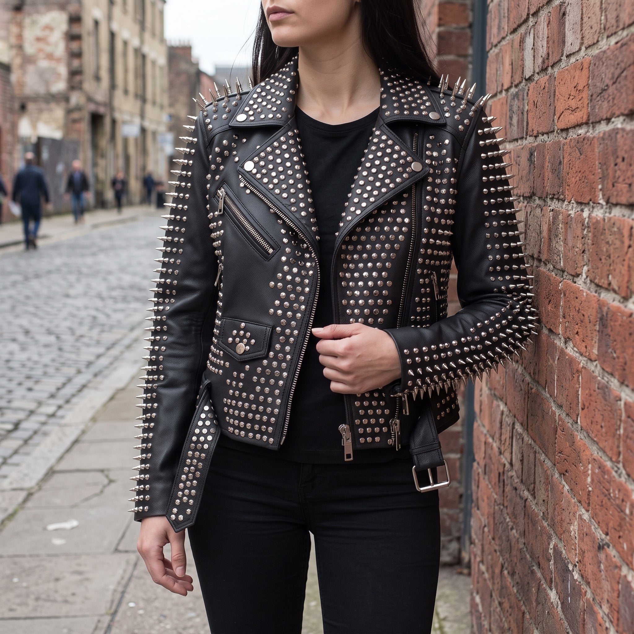 Women's Black Studded Leather Biker Jacket — Holden