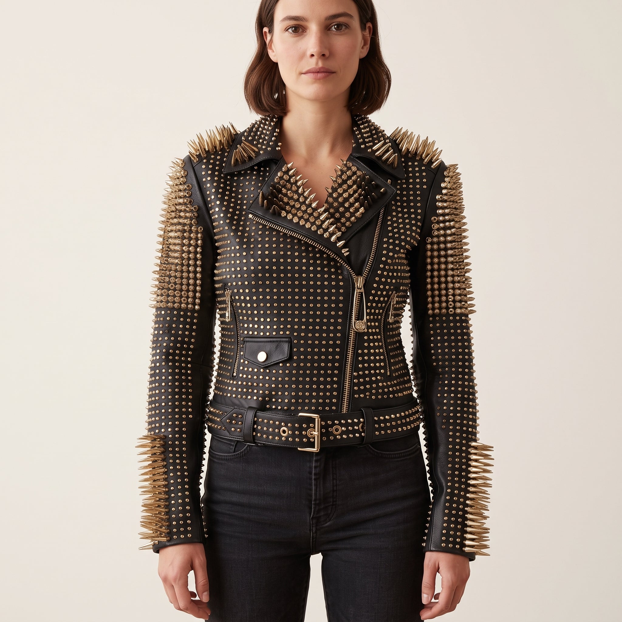 Women's Black Studded Leather Biker Jacket — Lancaster