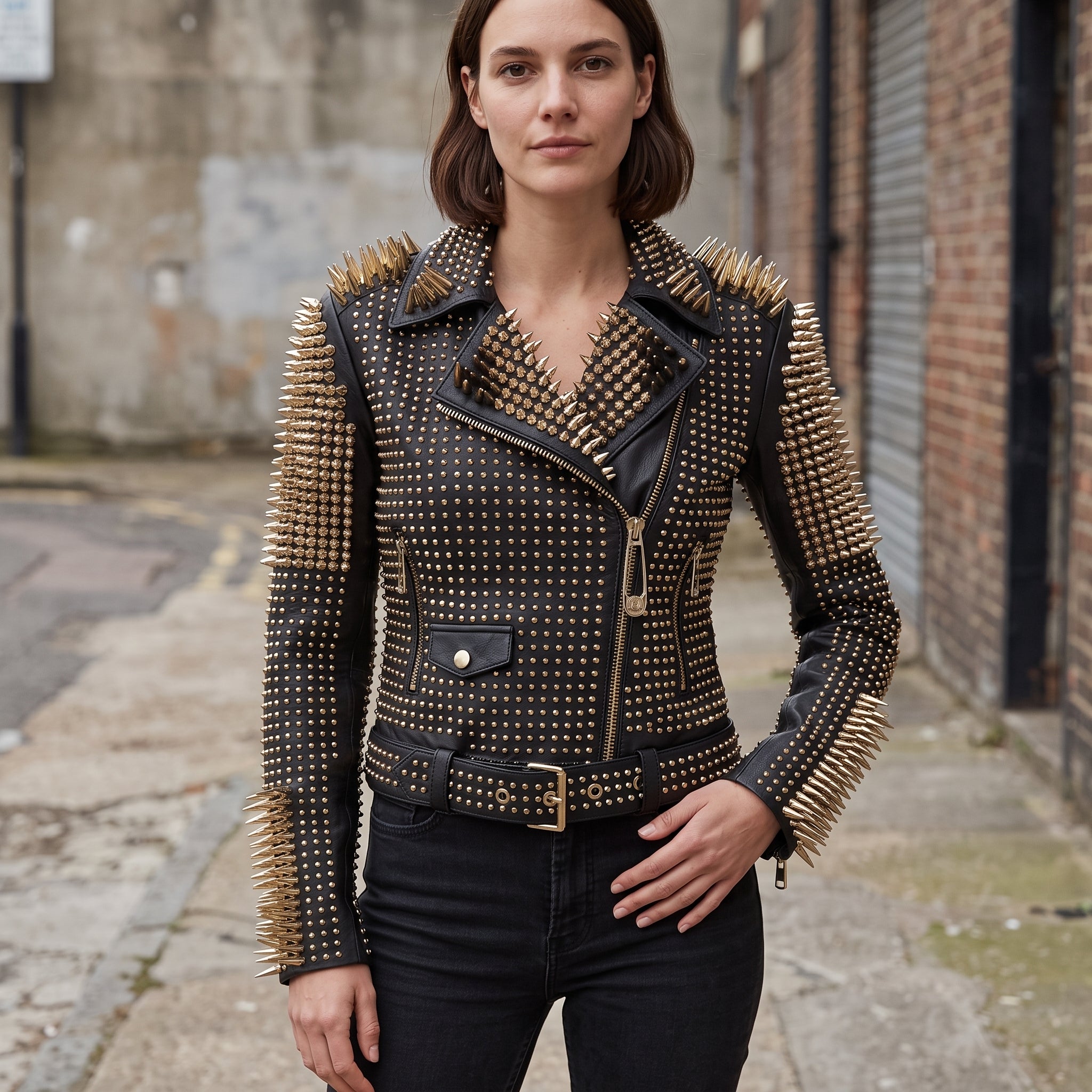 Women's Black Studded Leather Biker Jacket — Lancaster