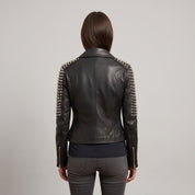 Women's Black Studded Leather Biker Jacket — Mirfield