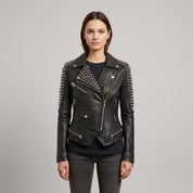 Women's Black Studded Leather Biker Jacket — Mirfield