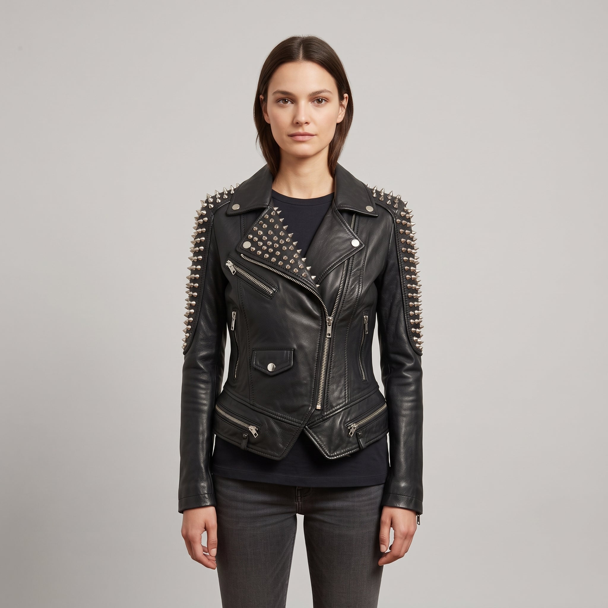 Women's Black Studded Leather Biker Jacket — Mirfield