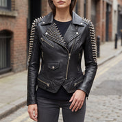 Women's Black Studded Leather Biker Jacket — Mirfield