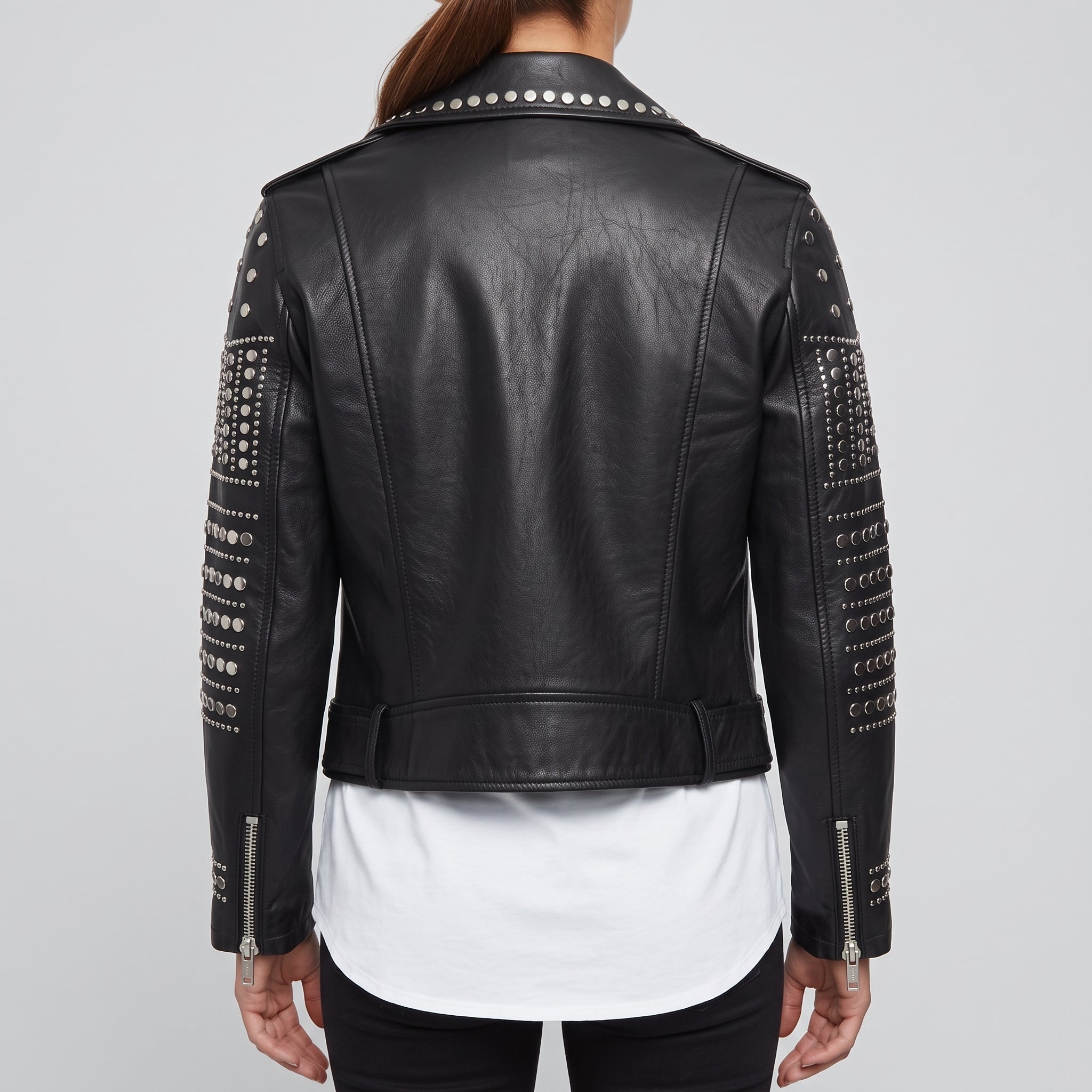 Women's Black Studded Leather Biker Jacket — Watson