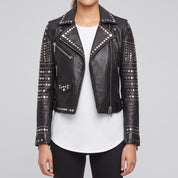 Women's Black Studded Leather Biker Jacket — Watson