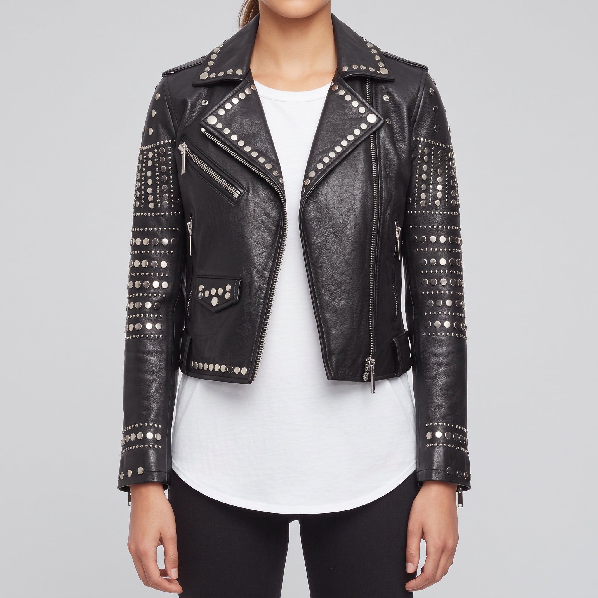 Women's Black Studded Leather Biker Jacket — Watson