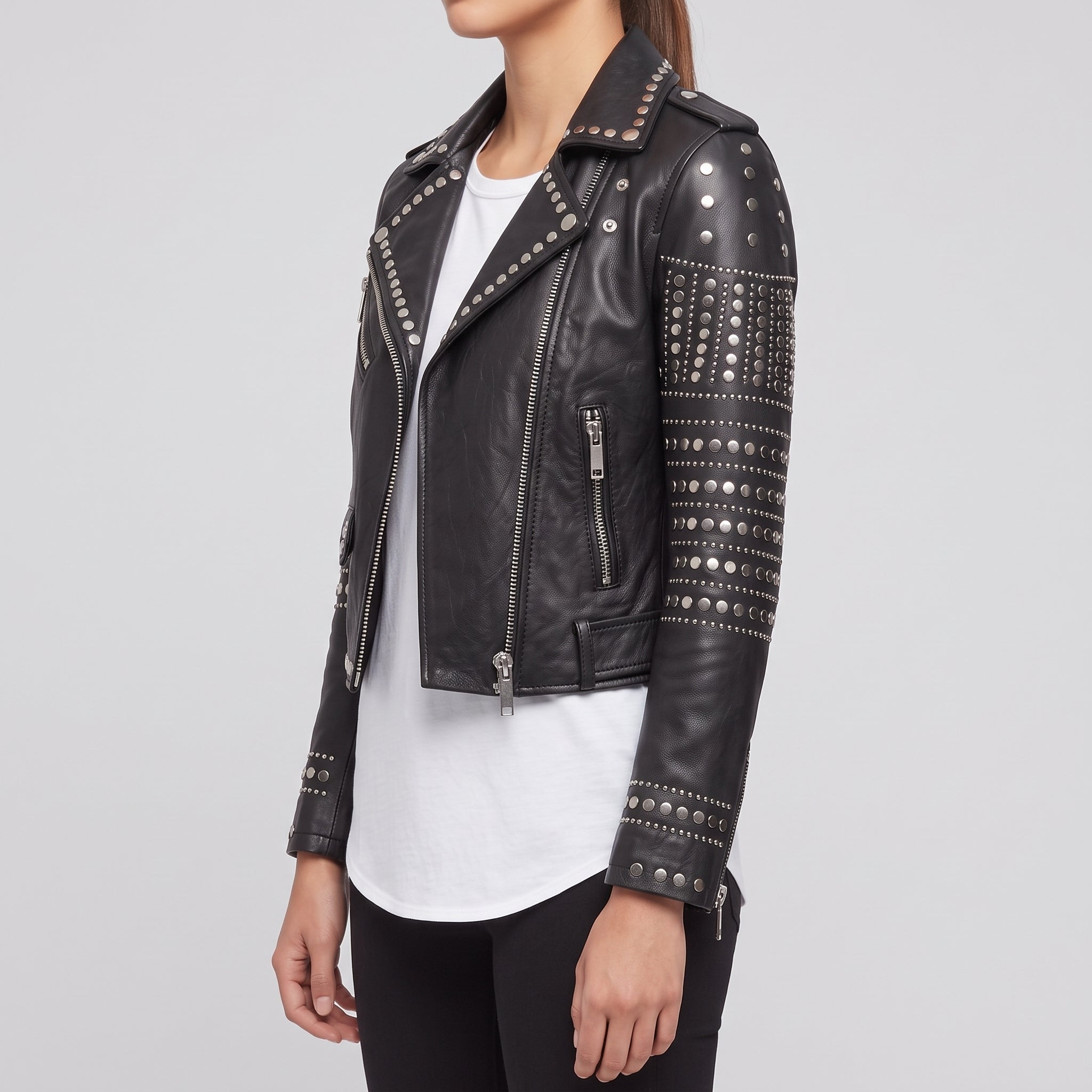 Women's Black Studded Leather Biker Jacket — Watson