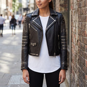 Women's Black Studded Leather Biker Jacket — Watson