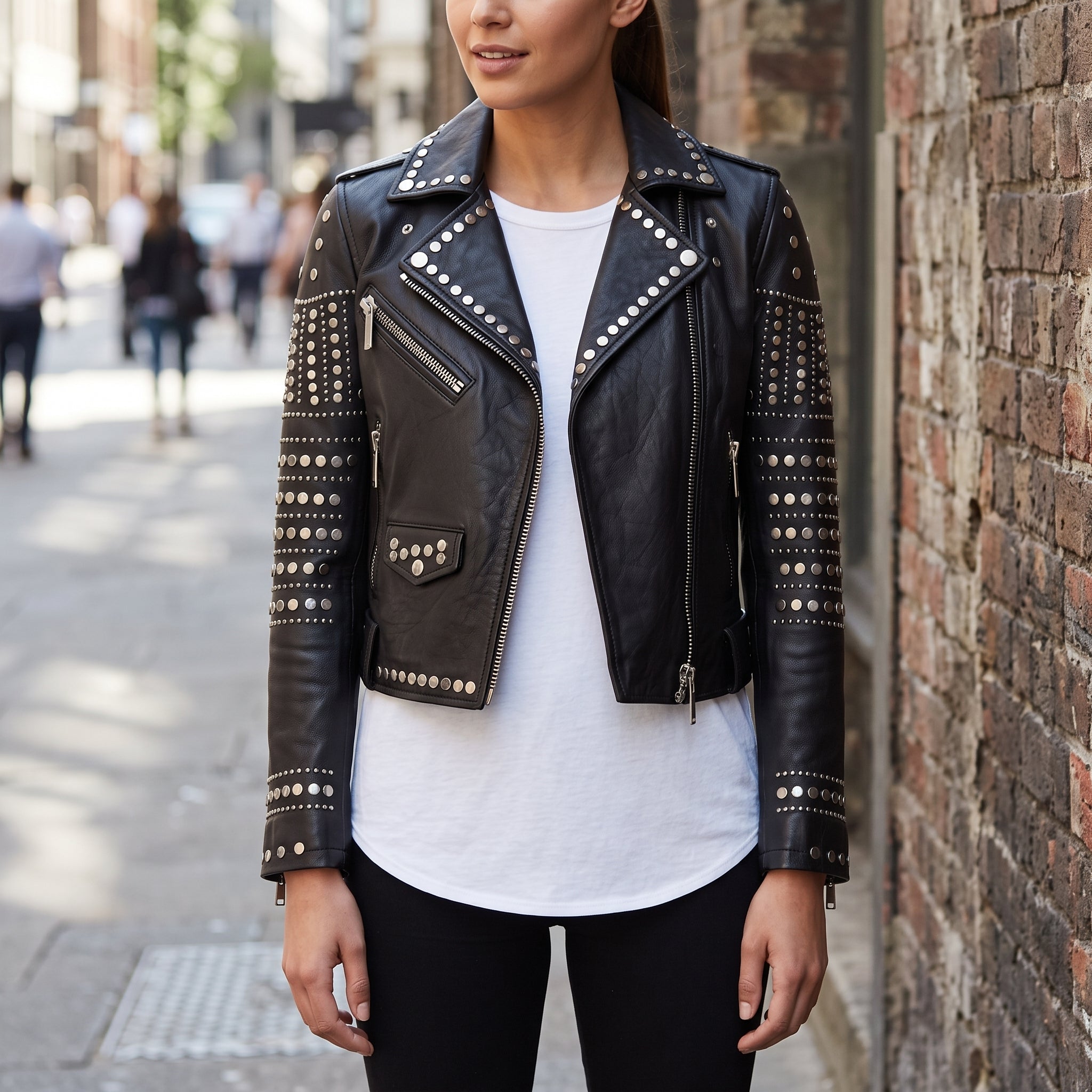 Women's Black Studded Leather Biker Jacket — Watson