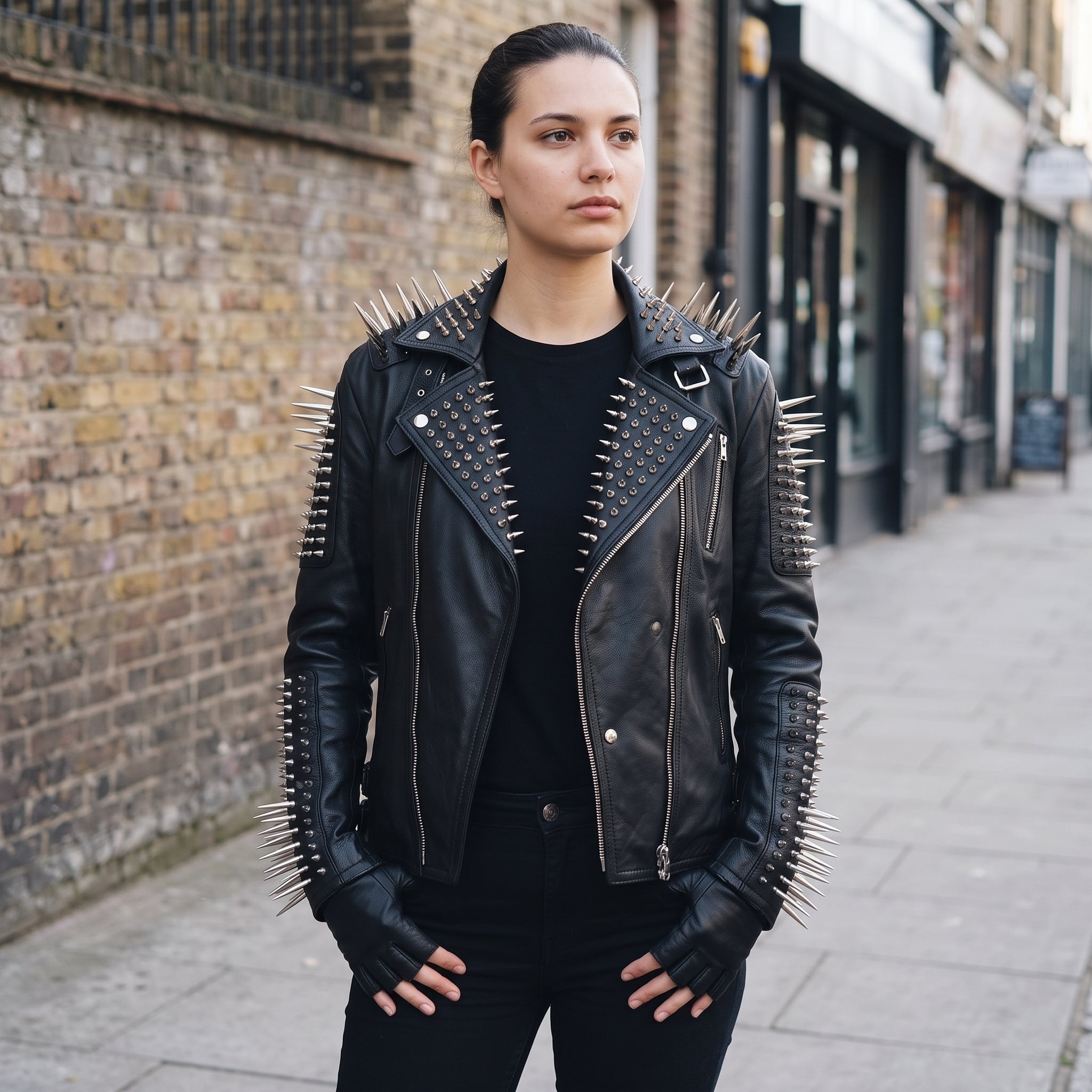 Women's Black Studded Leather Biker Jacket — Eastgate