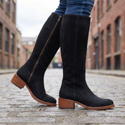 Handmade Women's Black Suede Knee-High Riding Boots — Brixham