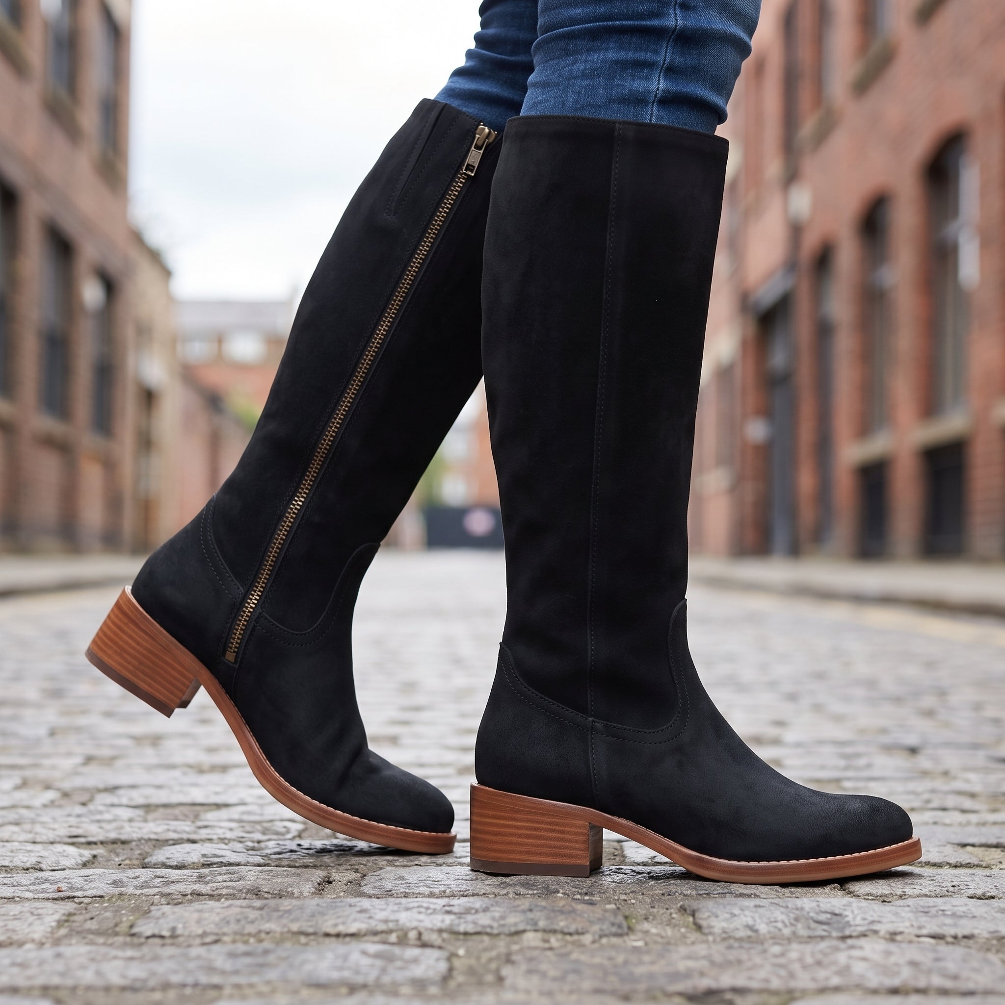 Handmade Women's Black Suede Knee-High Riding Boots — Brixham