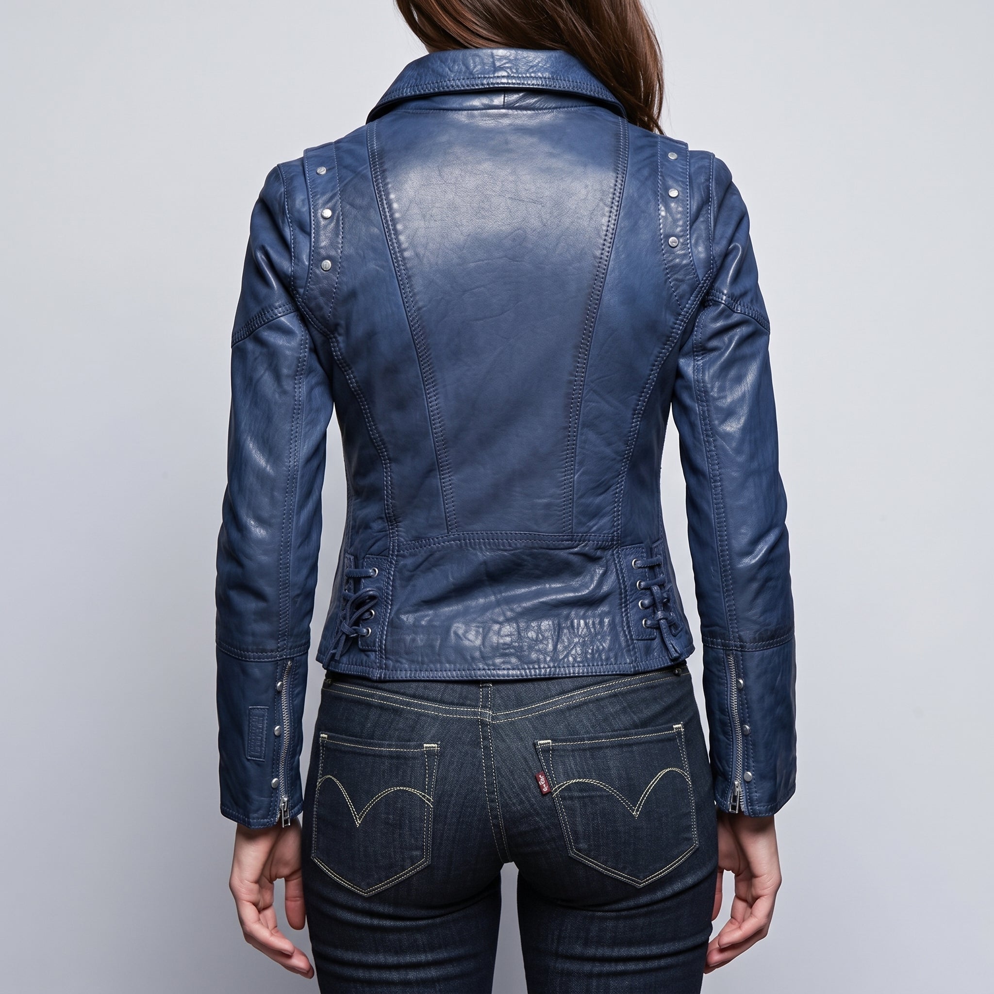 Women's Blue Front Zip Leather Biker Jacket — Knightley