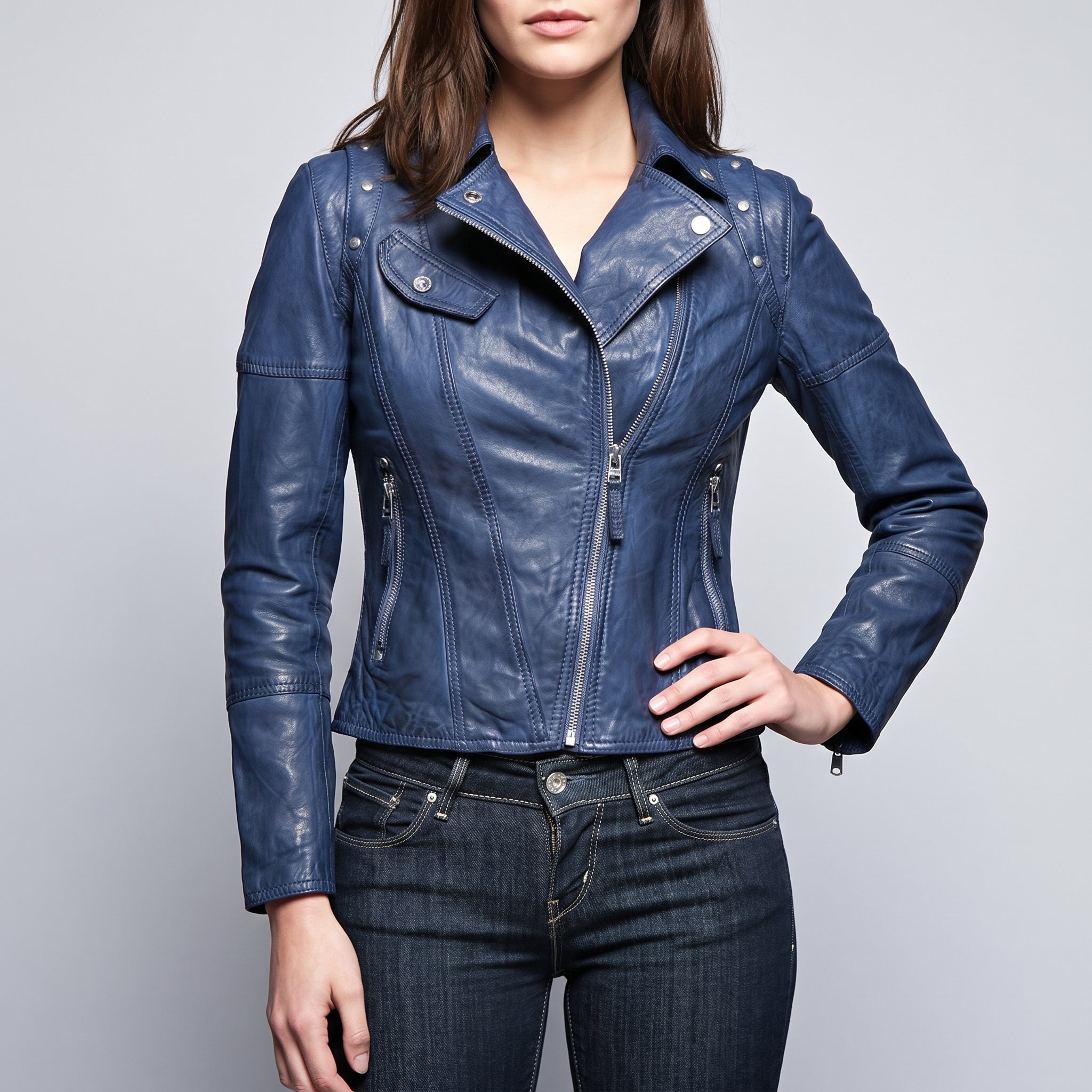 Women's Blue Front Zip Leather Biker Jacket — Knightley