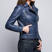 Women's Blue Front Zip Leather Biker Jacket — Knightley