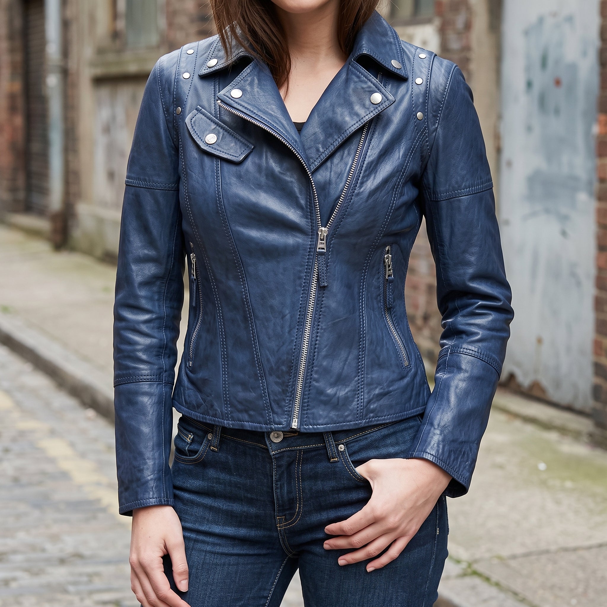 Women's Blue Front Zip Leather Biker Jacket — Knightley