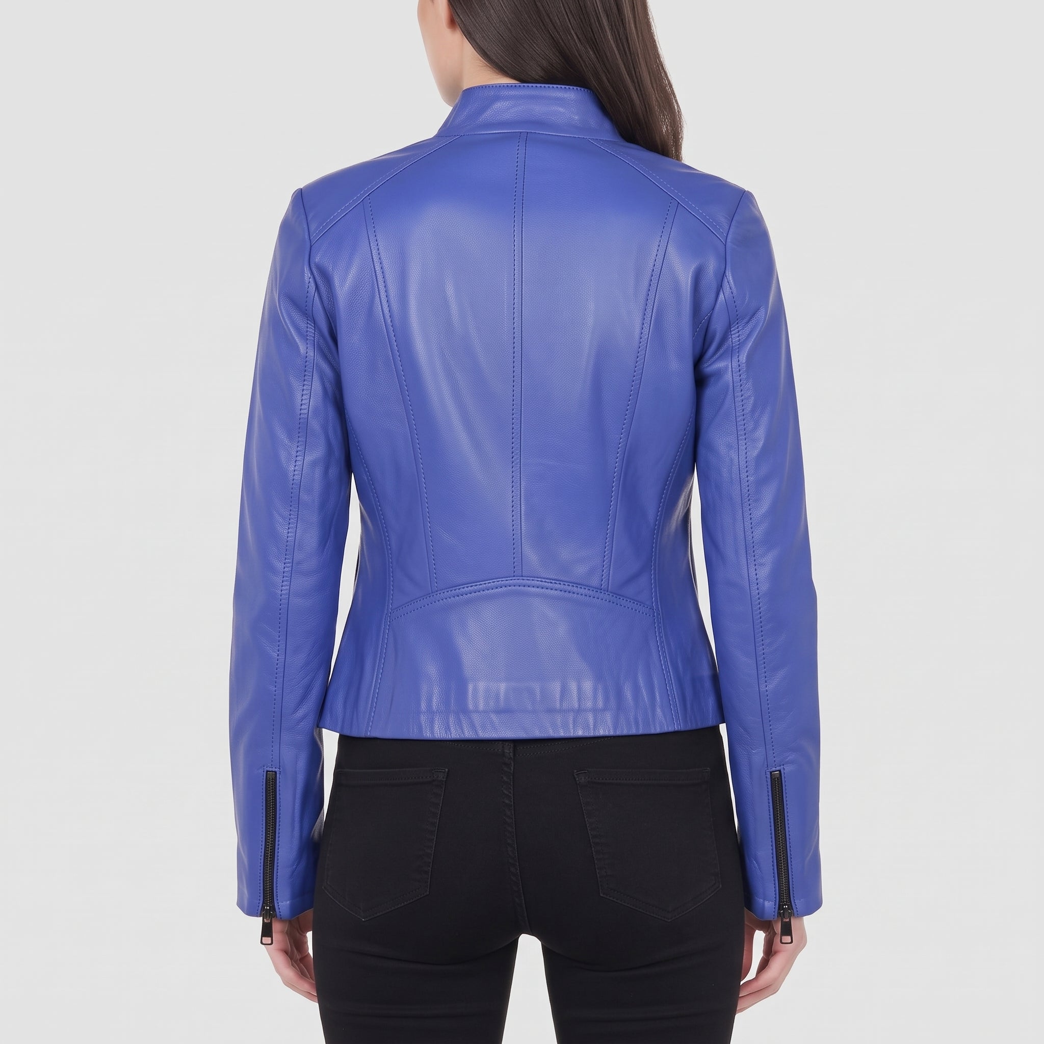 Women's Blue Leather Cafe Racer Jacket — Ingleby