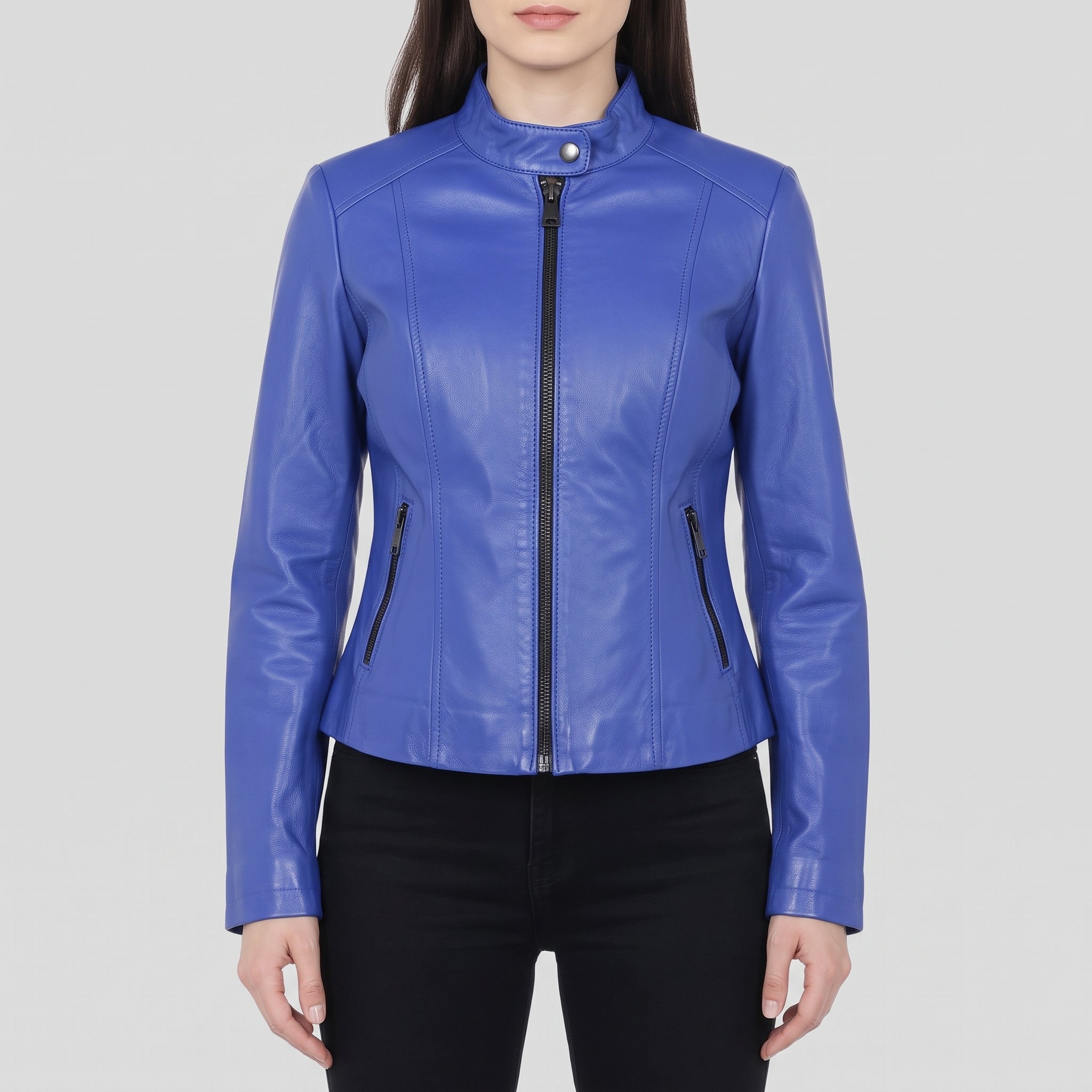 Women's Blue Leather Cafe Racer Jacket — Ingleby