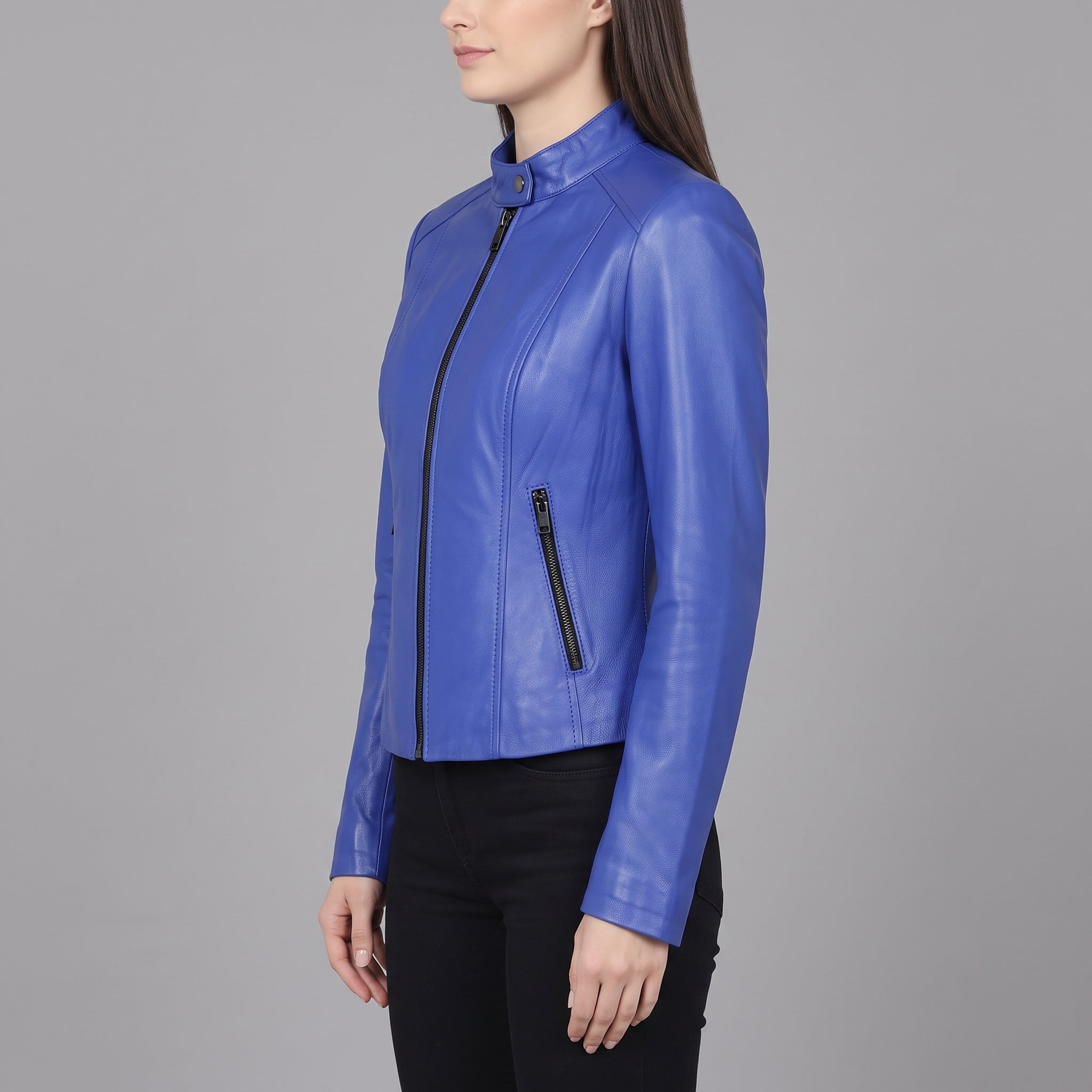 Women's Blue Leather Cafe Racer Jacket — Ingleby