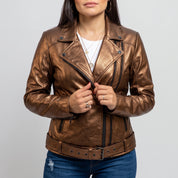Women's Bronze Asymmetric Zip Leather Biker Jacket — Braidwood
