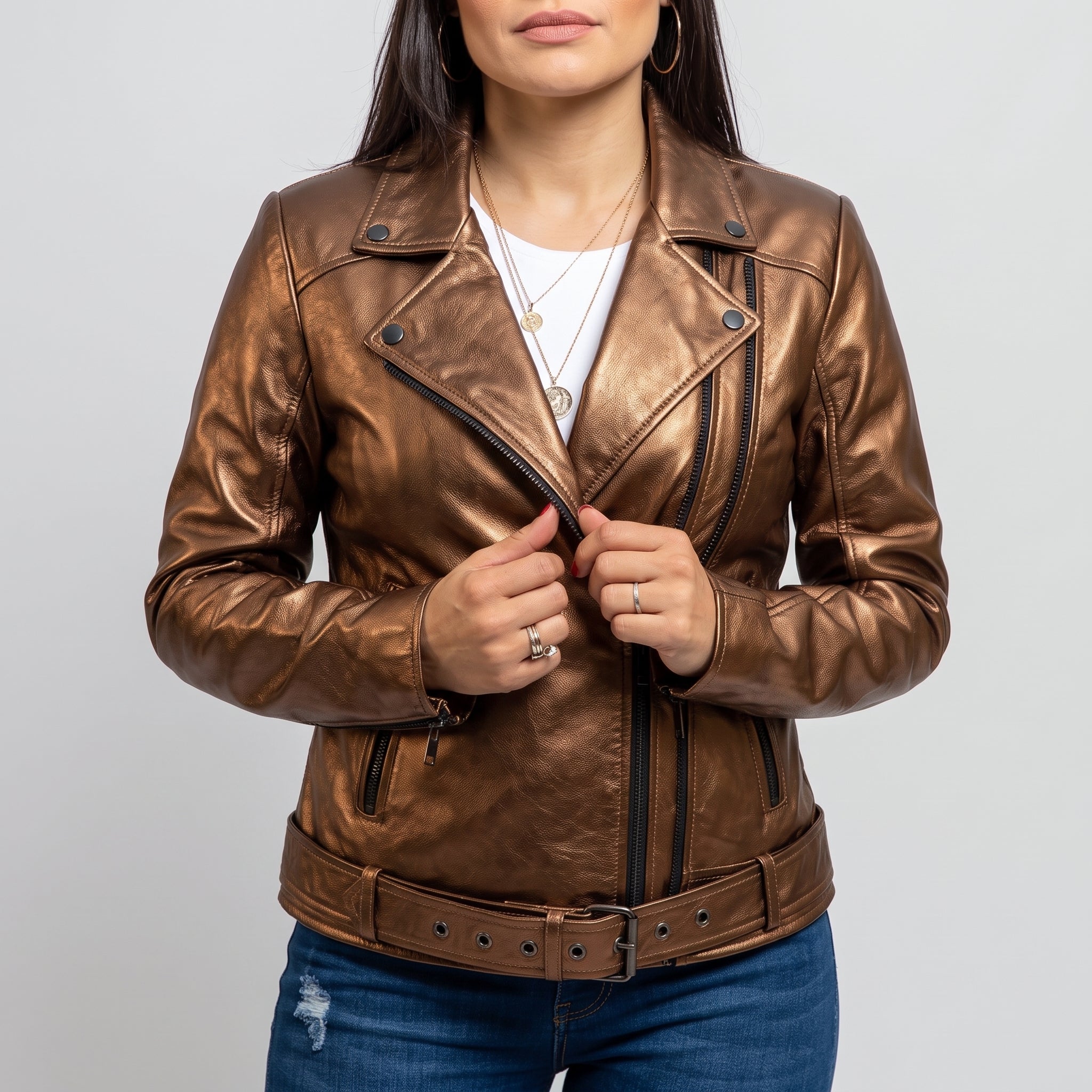 Women's Bronze Asymmetric Zip Leather Biker Jacket — Braidwood