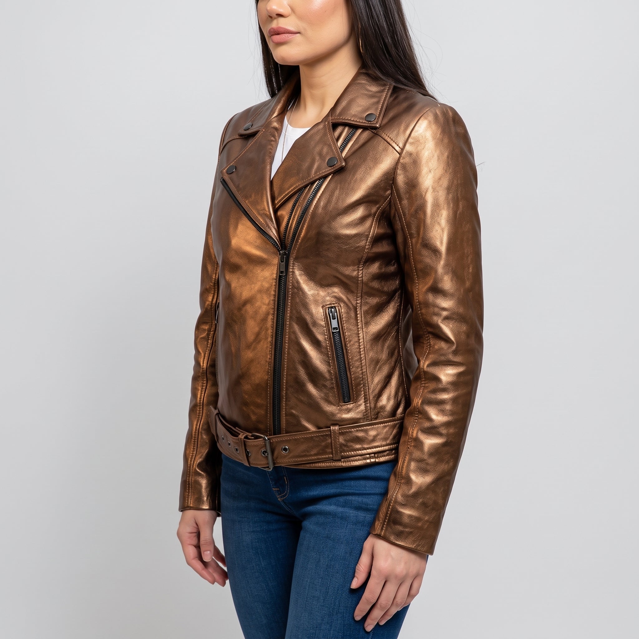 Women's Bronze Asymmetric Zip Leather Biker Jacket — Braidwood