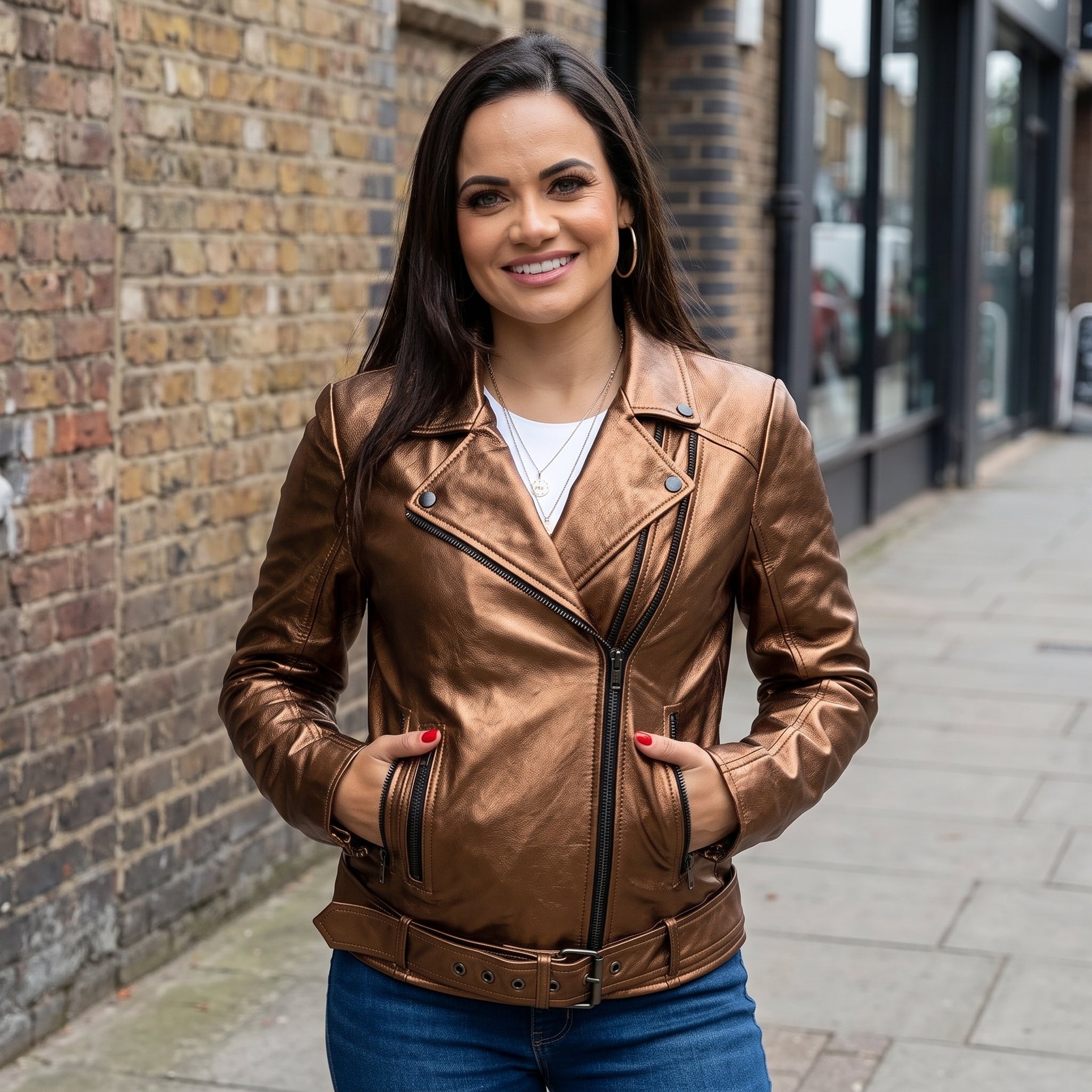 Women's Bronze Asymmetric Zip Leather Biker Jacket — Braidwood