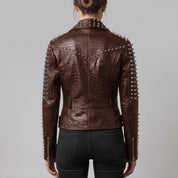 Women's Brown Alligator-Embossed Leather Studded Biker Jacket — Dunstall