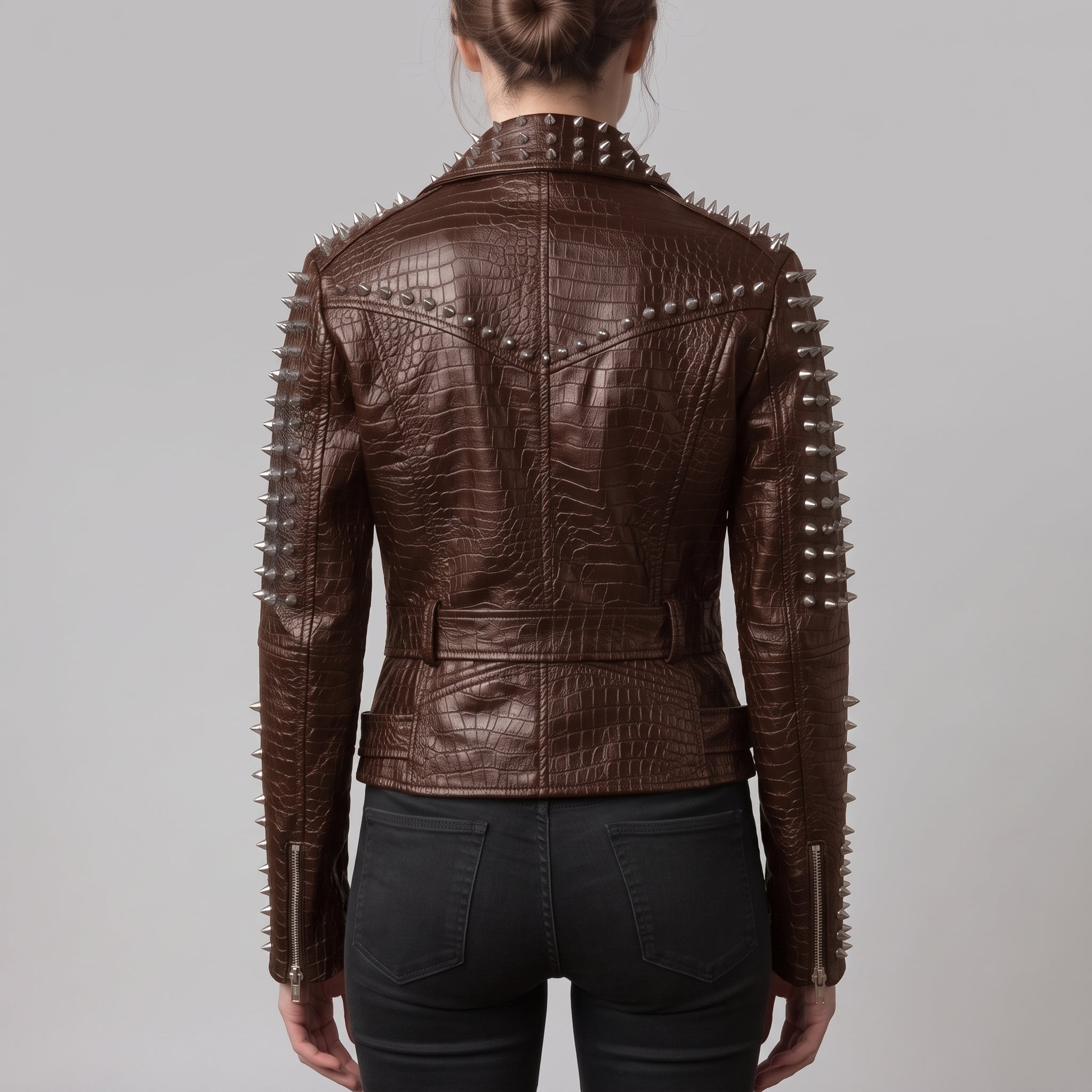 Women's Brown Alligator-Embossed Leather Studded Biker Jacket — Dunstall