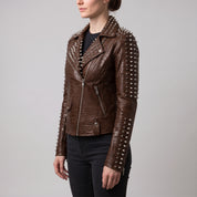 Women's Brown Alligator-Embossed Leather Studded Biker Jacket — Dunstall