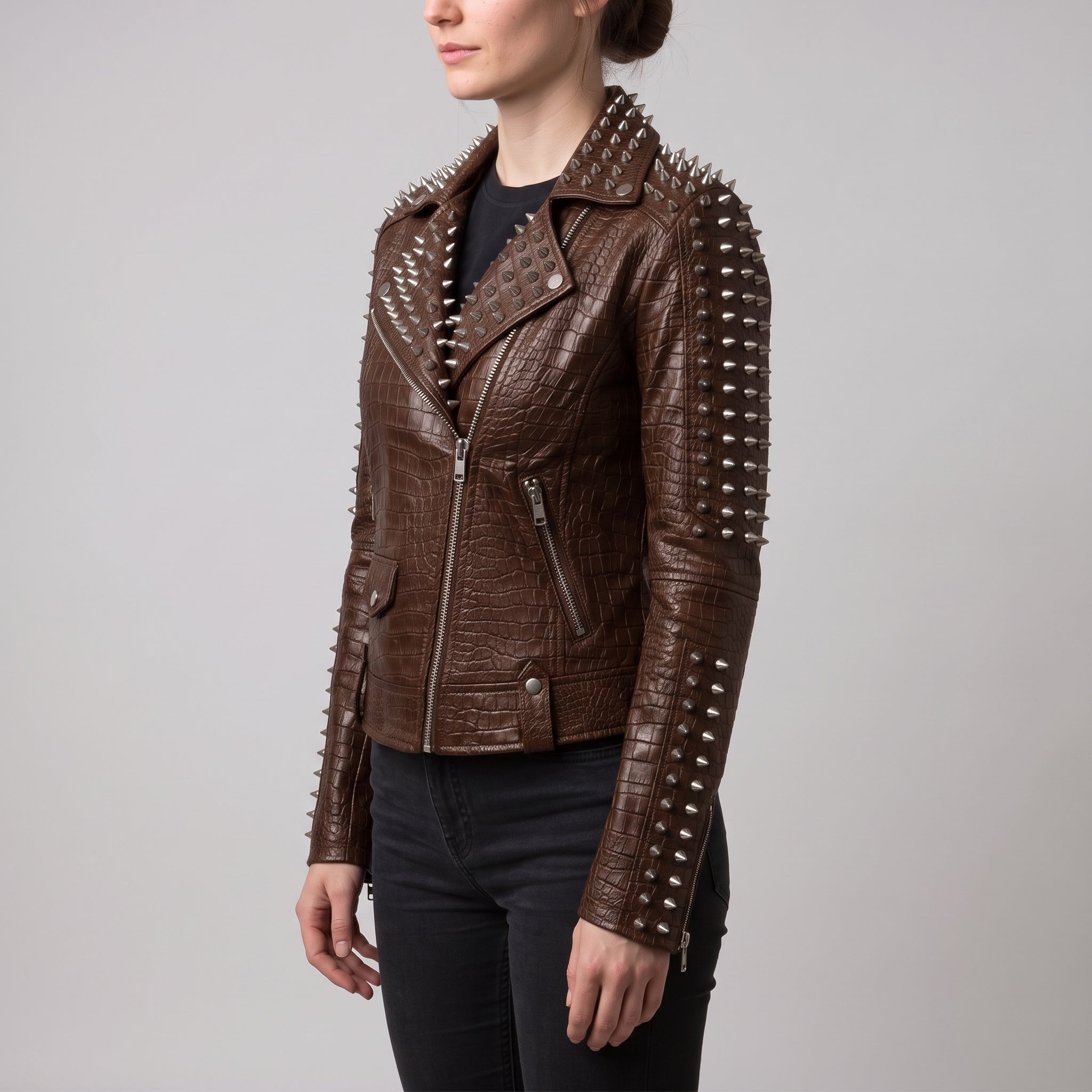Women's Brown Alligator-Embossed Leather Studded Biker Jacket — Dunstall
