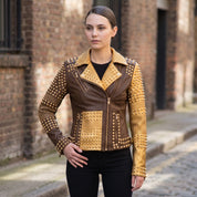 Women's Brown and Gold Studded Leather Biker Jacket — Farington