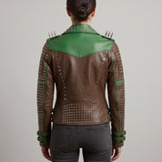 Women's Brown and Green Studded Leather Biker Jacket — Burnett