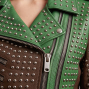 Women's Brown and Green Studded Leather Biker Jacket — Burnett