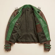 Women's Brown and Green Studded Leather Biker Jacket — Burnett