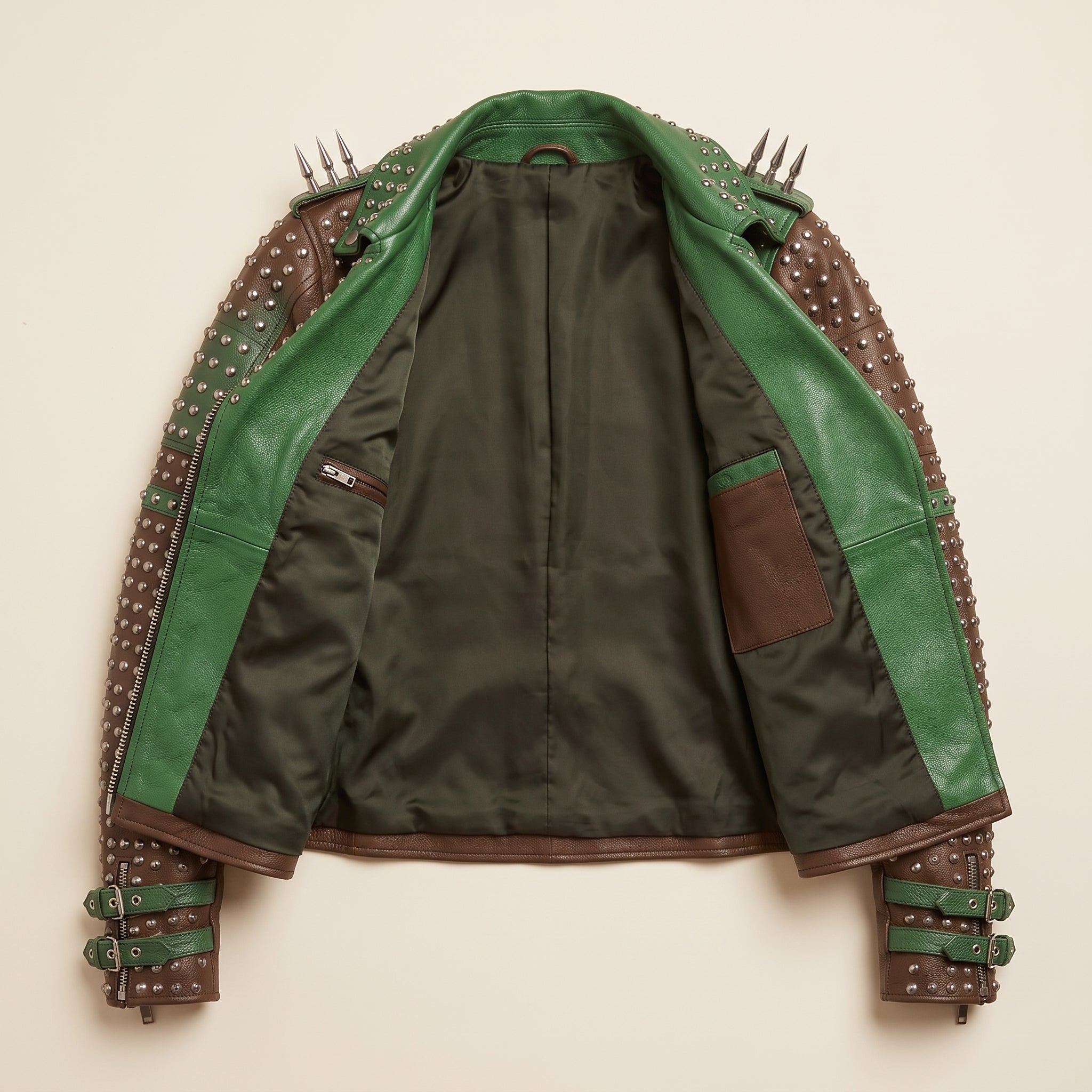 Women's Brown and Green Studded Leather Biker Jacket — Burnett