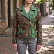 Women's Brown and Green Studded Leather Biker Jacket — Burnett