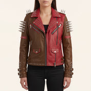 Women's Brown and Red Asymmetric Zip Leather Perfecto Biker Jacket — Angus
