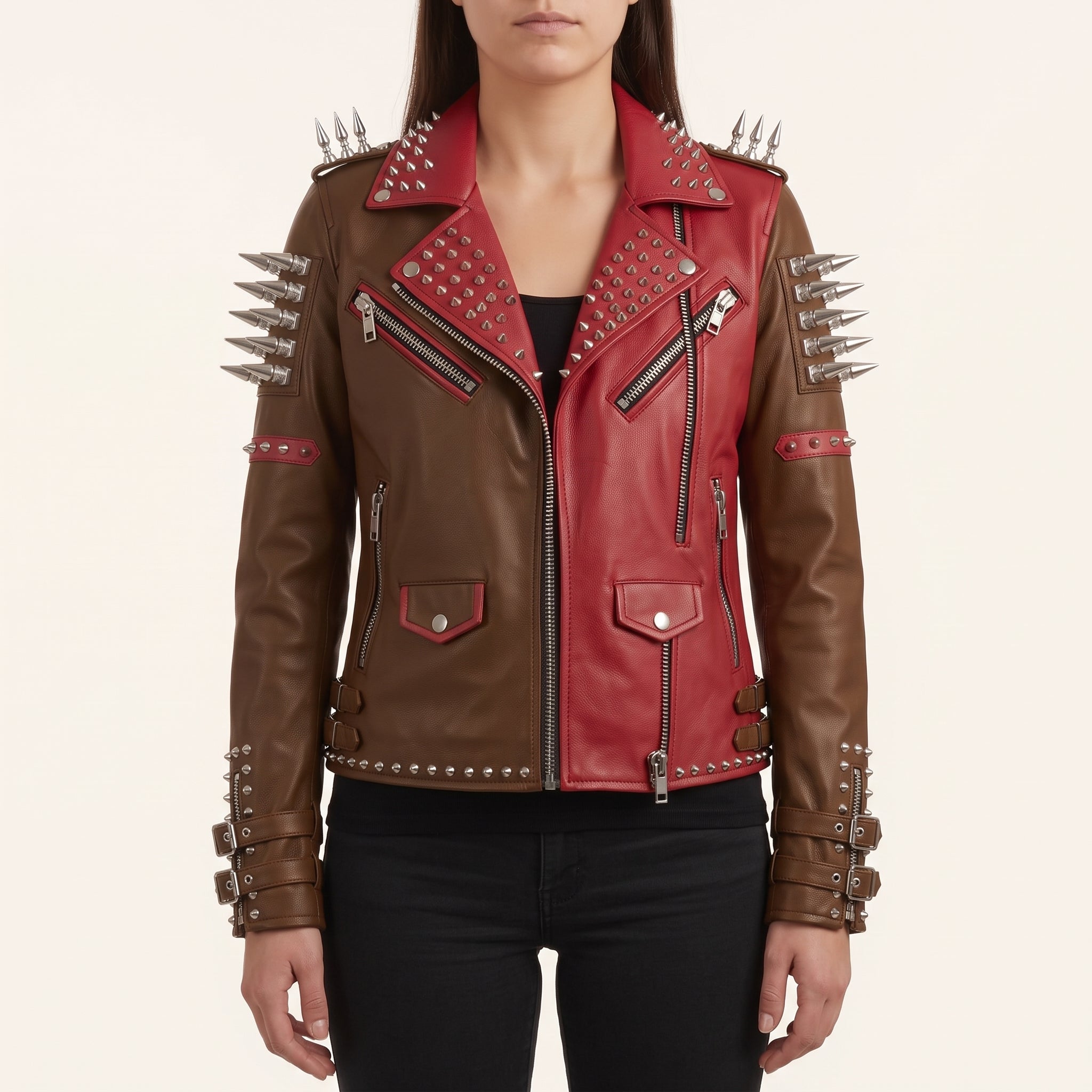 Women's Brown and Red Asymmetric Zip Leather Perfecto Biker Jacket — Angus