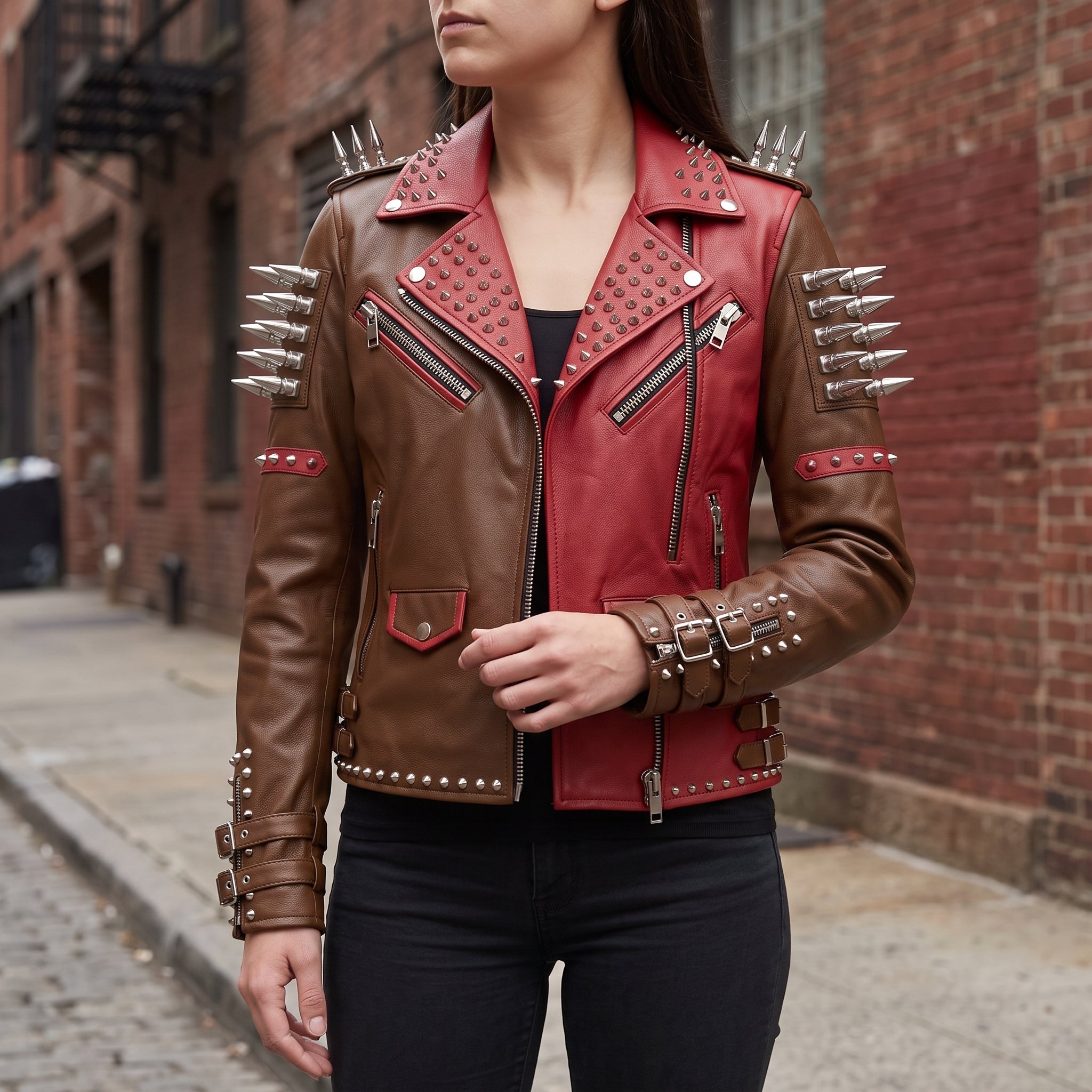 Women's Brown and Red Asymmetric Zip Leather Perfecto Biker Jacket — Angus