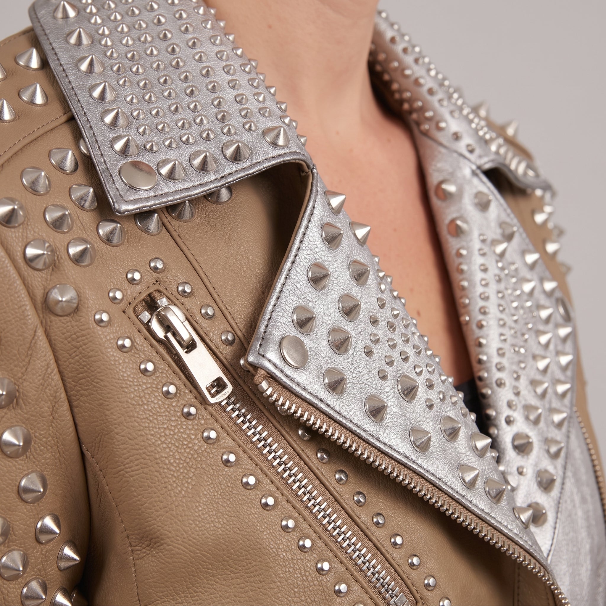 Women's Brown and Silver Two-Tone Studded Leather Biker Jacket — Letham