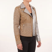 Women's Brown and Silver Two-Tone Studded Leather Biker Jacket — Letham