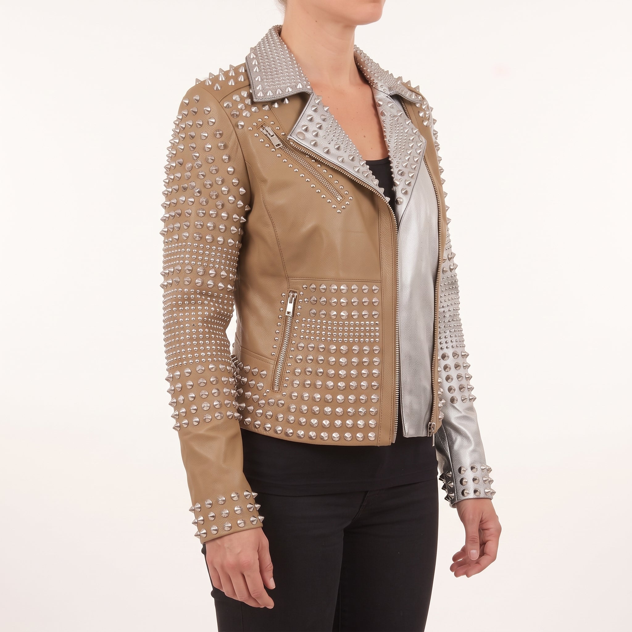 Women's Brown and Silver Two-Tone Studded Leather Biker Jacket — Letham