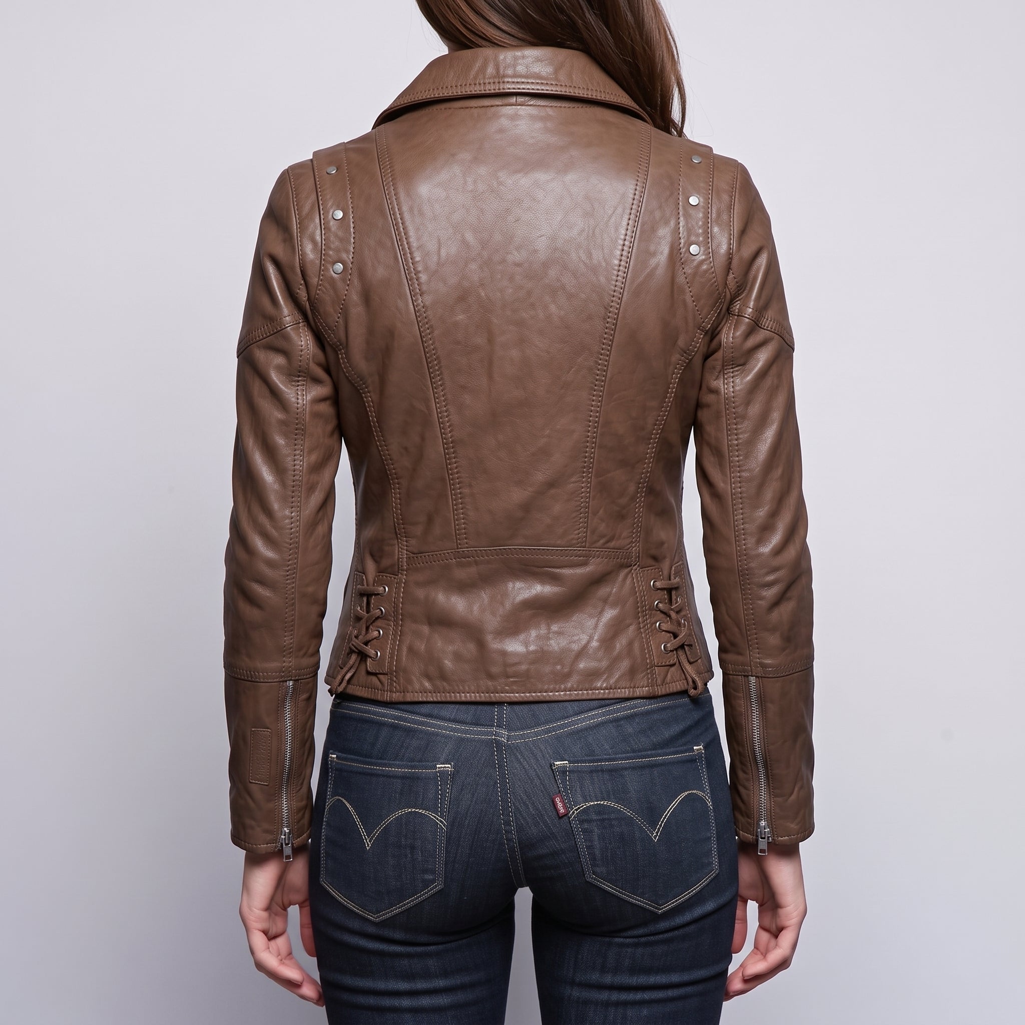 Women's Brown Asymmetric Zip Leather Biker Jacket — Knightley