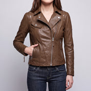 Women's Brown Asymmetric Zip Leather Biker Jacket — Knightley