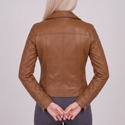 Women's Brown Asymmetric Zip Leather Biker Jacket — Mortimer