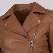Women's Brown Asymmetric Zip Leather Biker Jacket — Mortimer