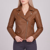 Women's Brown Asymmetric Zip Leather Biker Jacket — Mortimer