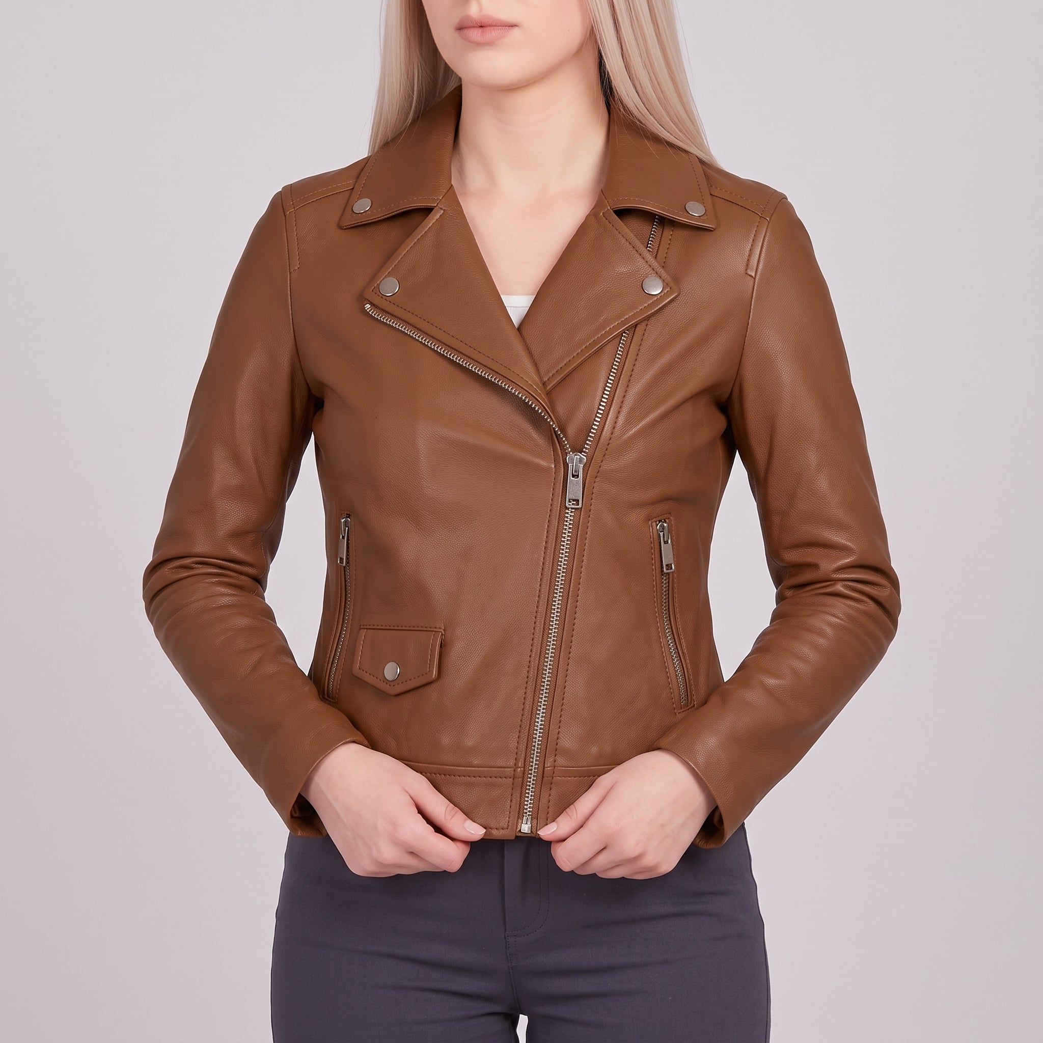 Women's Brown Asymmetric Zip Leather Biker Jacket — Mortimer