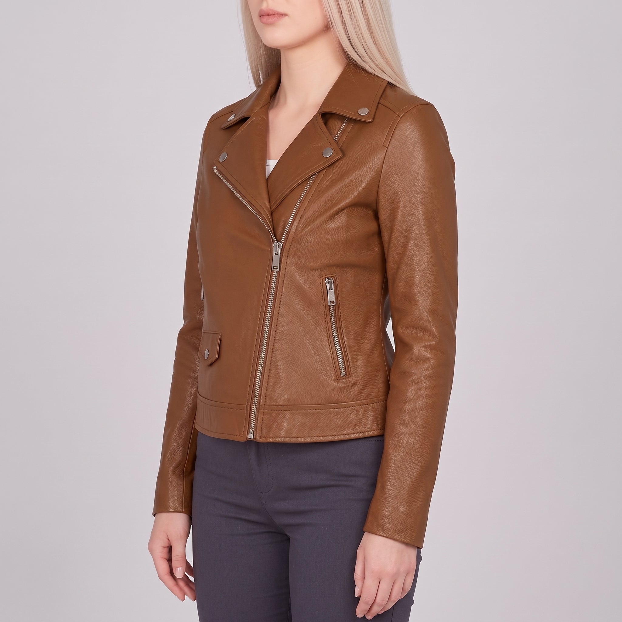 Women's Brown Asymmetric Zip Leather Biker Jacket — Mortimer